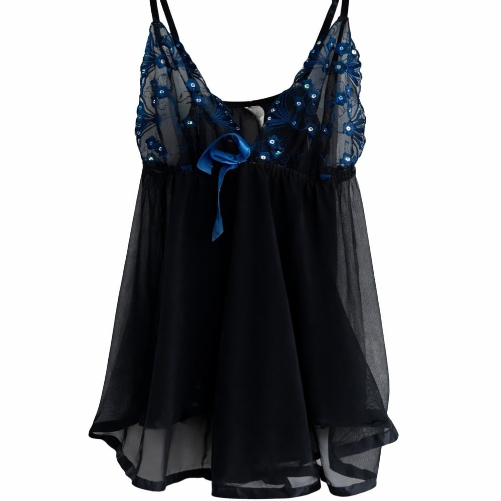 Vintage Y2K Sheer Babydoll‎ Chemise Black Blue Floral Sequin L